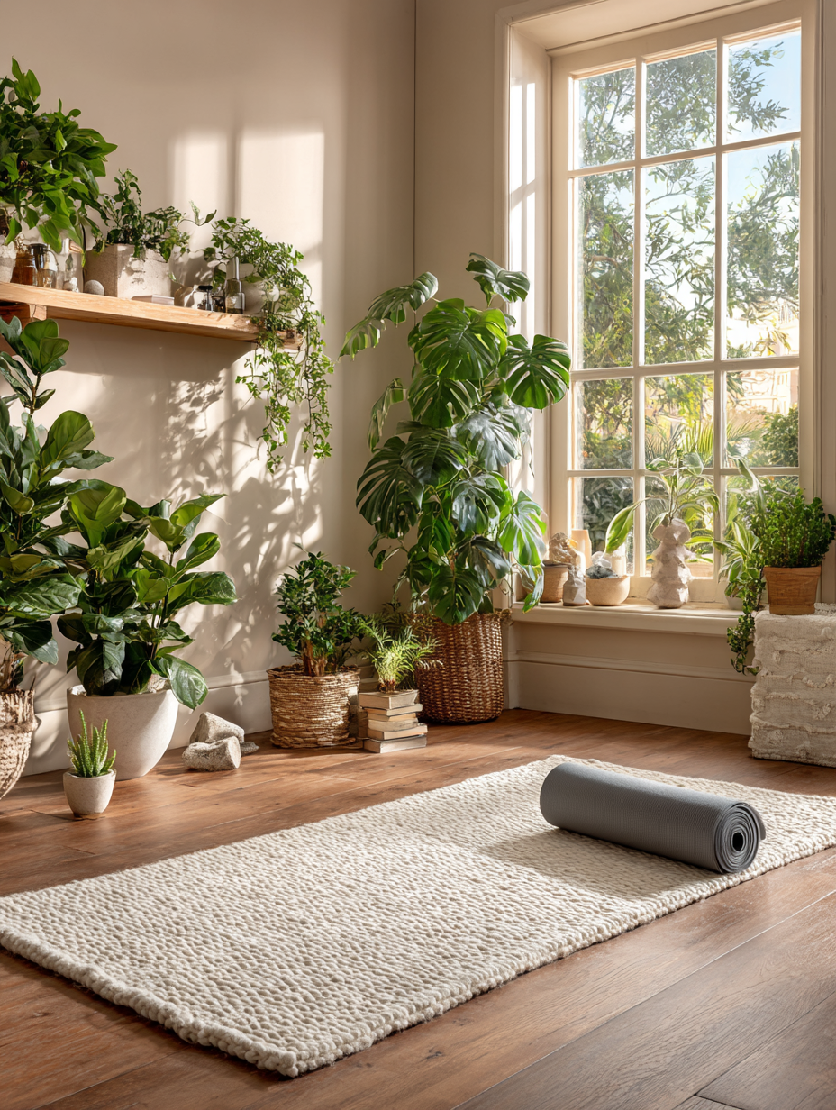 Простір для практики йоги з м'яким освітленням та зеленими рослинами
